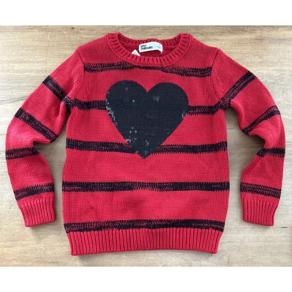 Epic Threads Toddler Girls 3T Red Black Striped Pullover Sweater Sequin Heart